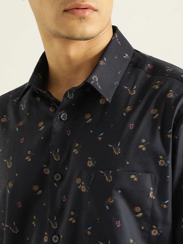 Indian Terrain Men Floral Print Dark Blue Shirt